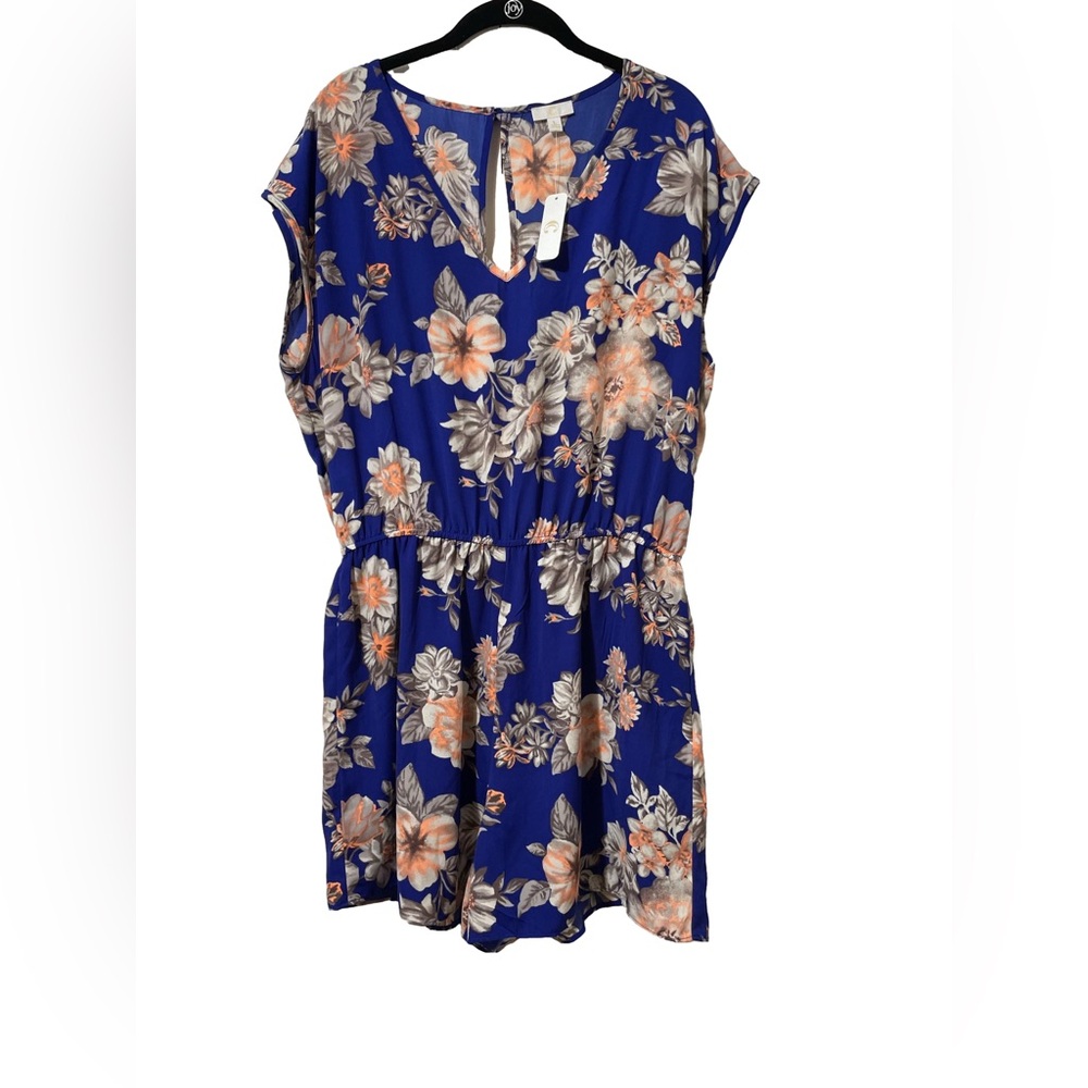 Charming Charlie Royal Blue Floral Short Sleeve Romper with Peach Accents